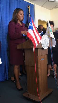hurricane victims to get help from city Public Advocate Letitia James discussed plans to help Puerto Ricans and others displaced by the recent hurricanes. She and others spoke at City Hall on Oct. 12. Photo: Mihika Agarwal
