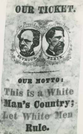MONUMENTAL BATTLE RAGES OVER MONUMENTS An 1868 campaign poster for Horatio Seymour, a governor of New York who ran a vile white-supremacy campaign against Ulysses S. Grant for president with his running mate, Francis Blair. Their slogan: “This is a white man’s country. Let white men rule.” A City Council member is demanding that a portrait of Seymour on prominent display at City Hall be hauled away. Poster: Via Wikimedia Commons