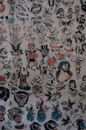 skin deep Tony D’Annessa (b. 1935). Window shade with flash designs from Tony D’Annessa’s tattoo shop on W. 48th Street, ca. 1962. Ink outline with markers coloring on vinyl. Collection of Tony D’Annessa and Dave Cummings, PSC Tattoo, Montreal