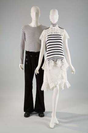 At left, Jean Paul Gaultier, ensemble, c. 1992, cotton, France. Top, gift of Antoine Bucher; pants, gift of Michael Harrell. At right, Sacai, ensemble, Spring 2015, cotton, silk, synthetic, Japan, museum purchase.