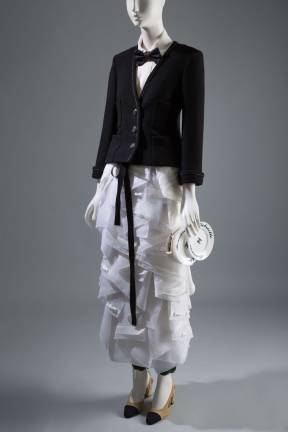 Uniforms Strut Their Stuff at FIT Chanel, Brasserie Gabrielle ensemble, Fall 2015, wool, silk, cotton, leather, France, gift of Chanel.