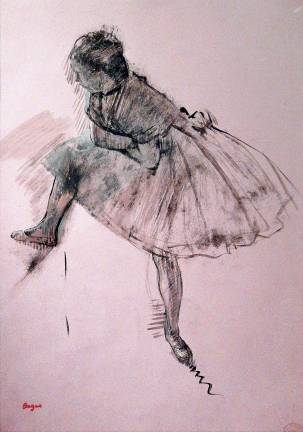 along the lines of greatness In the charming "Study of a Ballet Dancer" (recto) and "Two Studies of Dancers" (verso) Edgar Degas utilized watercolor on prepared pink paper. Photo: Adel Gorgy