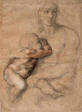 contemplating the divine Michelangelo Buonarroti (Italian, Caprese 1475–1564 Rome). “Unfinished cartoon for a Madonna and Child.” 1525–30. Drawing, black and red chalk, white gouache, brush and brown wash: 21 5/16 x 15 9/16 in. Casa Buonarroti, Florence