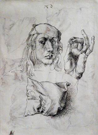 along the lines of greatness Albrecht Dürer's irrepressible curiosity comes through in this two-sided drawing, "Self-portrait, Study of a Hand and a Pillow (recto); Six Studies of Pillows (verso)," 1493. Photo: Adel Gorgy