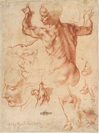 contemplating the divine Michelangelo Buonarroti (Italian, Caprese 1475–1564 Rome). “Studies for the Libyan Sibyl (recto); Studies for the Libyan Sibyl and a small Sketch for a Seated Figure (verso).” Ca. 1510–11. Red chalk, with small accents of white chalk on the left shoulder of the figure in the main study (recto); soft black chalk, or less probably charcoal (verso). Sheet; 11 3/8 x 8 7/16 in. The Metropolitan Museum of Art, Purchase, Joseph Pulitzer Bequest, 1924