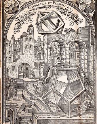 art, by the numbers Dodecahedron and variants, from Perspectiva corporum regularum, by Jost Amman in 1568 (Etching Printed in Nuremberg. Photo: Adel Gorgy
