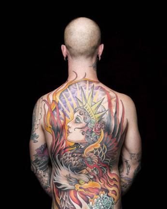 skin deep Lady Liberty, American traditional backpiece, by Michelle Myles on model Evan Hall. 2016. Digital print on aluminum. Photo: Dale May