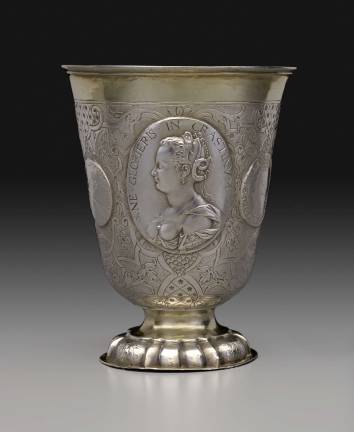 Gems in Relief Cup inset with Jan de Vos (ca. 1578–after 1619). "Allegory of Vanitas," dated 1614. Silver, with gilding; 128 × 100 × 102 mm (cup), 57 × 44 mm (medal). Stephen K. and Janie Woo Scher Collection. Photo: Michael Bodycomb
