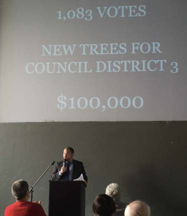 the greening of chelsea Council Member Johnson announces the winner of the 2016 participatory budgeting. Photo: Erik Bottcher