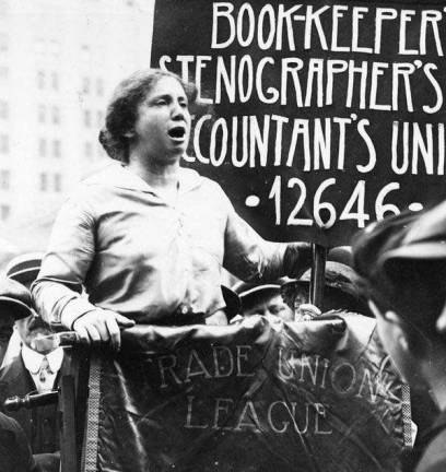 Rose Schneiderman, a legendary and fiery orator on behalf of women's rights, takes the suffrage cause to a union rally in the Garment District in the 1910s. Photo:&#xa0;Jewish Women&#x2019;s Archive,&#xa0;via&#xa0;NYC Landmarks Preservation Commission