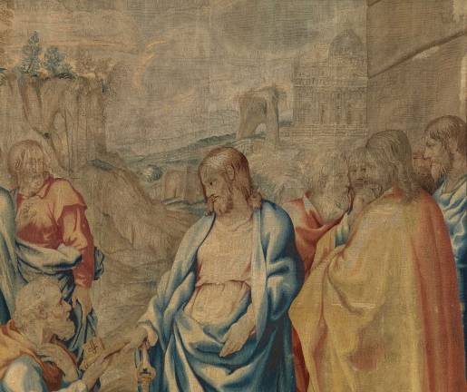 textile art in the cathedral The Barberini tapestries, scenes from the Life of Christ: Detail from "The Consignment of the Keys to St. Peter." Photo: John Bigelow Taylor