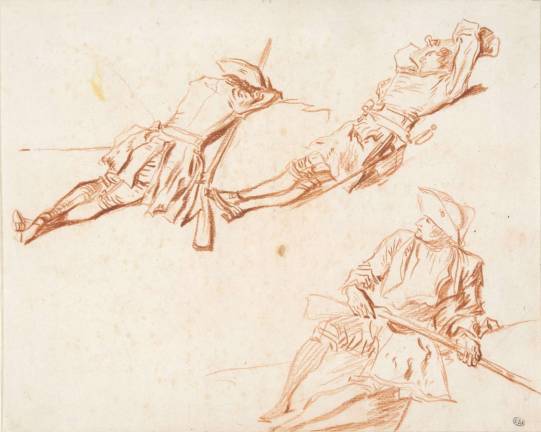 Watteau and War’s Small Pleasures Jean-Antoine Watteau (1684–1721). "Three Studies of Resting Soldiers" (recto), ca. 1713–14. Red chalk. 6 7/8 × 8 1/2 inches.E´cole nationale supe´rieure des Beaux-Arts, Paris (1608). Photo: © Beaux-Arts de Paris, Dist. RMN-Grand Palais / Art Resource, NY