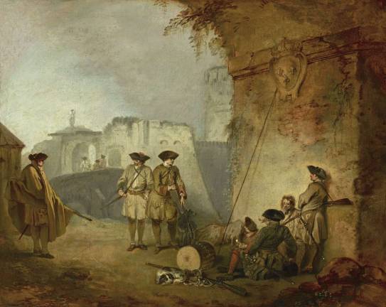 Watteau and War’s Small Pleasures Jean-Antoine Watteau (1684–1721). "The Portal of Valencienne," ca. 1710–11. Oil on canvas. 12 3/4 x 16 inches.The Frick Collection; purchased with funds from the bequest of Arthemise Redpath, 1991. Photo: Michael Bodycomb