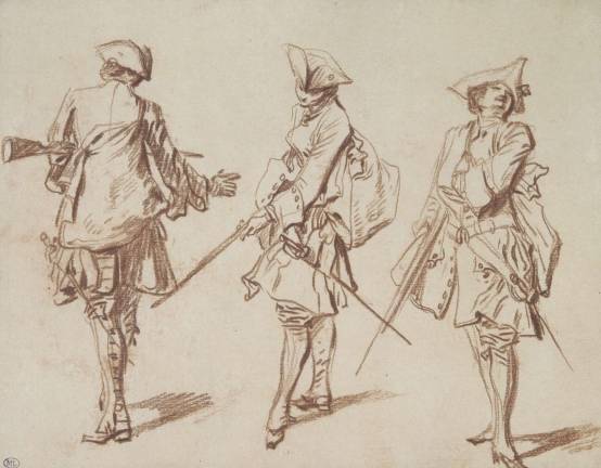 Watteau and War’s Small Pleasures Jean-Antoine Watteau (1684–1721). "Three Views of a Soldier, One from Behind," ca. 1713–15. Red chalk, with black ink framing. 6 3/4 × 8 5/8 inches. Muse´e du Louvre, Paris (RF 51752). Photo: © RMN-Grand Palais / Art Resource, NY