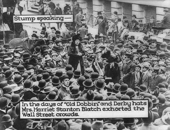 Harriot Stanton Blatch, the suffragist daughter of Elizabeth Cady Stanton, addresses a crowd on&#160;Wall Street near Broad Street from a soap box in 1915 as she campaigns for a woman's right to vote.&#160;Photo: Library of Congress, via NYC Landmarks Preservation Commission