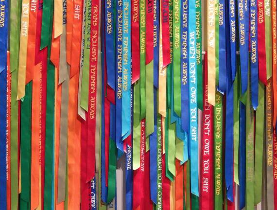 Now Art Belongs to You and Me Andrea Bowers' "Political Ribbons" deliberately utilize what she refers to as a "girly" medium to deliver powerful messages. Photo: Adel Gorgy
