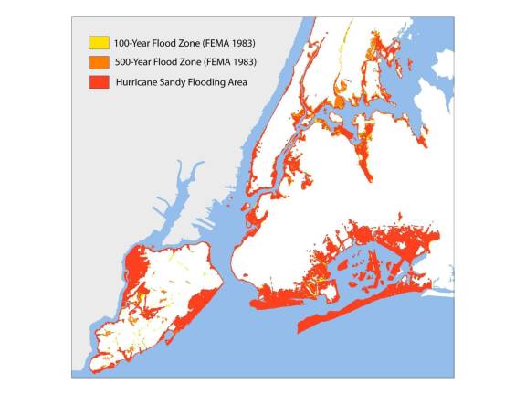 City copes with Trump approach to climate change A map shows that the areas with a heightened risk of flooding did, in fact, line up with the areas hardest hit by Hurricane Sandy in 2012. Map courtesy of FEMA