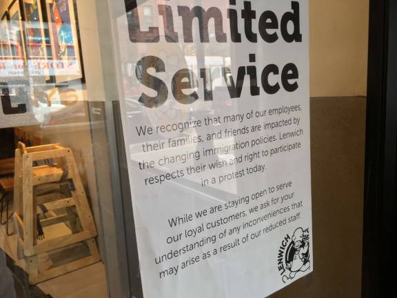 ‘A Day without immigrants’ Upper West Side sandwich chain Lenwich, on Columbus Avenue between 82nd and 83rd streets, posted a sign on its door announcing limited service for the #ADayWithoutImmigrants protest and boycott, which was started as a response to President Donald Trump's immigration policies. #ADayWithoutImmigrants seeks to highlight the extent of immigrant contributions to the economy. Photo: Razi Syed