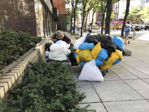 to give or not to give? A homeless woman -- or in street parlance, a “shopping-bag lady” -- with her worldly belongings on Second Avenue just south of East 75th Street last weekend. Photo: Douglas Feiden