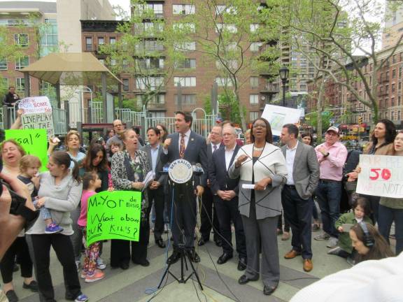 Pre-K expands, but demand remains Several elected officials, parents and their children attended a Sunday rally hosted by Council Member Ben Kallos, center, seeking increased access to the city’s pre-K program. They included Manhattan Borough President Gale Brewer and city Comptroller Scott Stringer, either side of Kallos, and city Public Advocate Leticia James, foreground right. Photo courtesy of Kallos’ office.