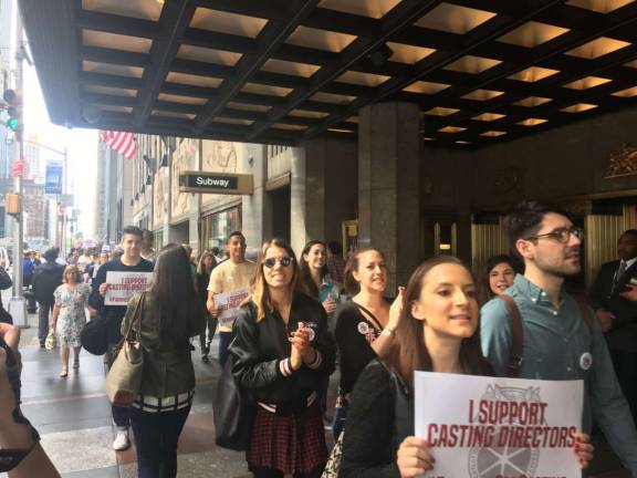 Broadway workers demand 'fairness for casting' Protesting in front of Radio City Music Hall. Photo: Madeleine Thompson