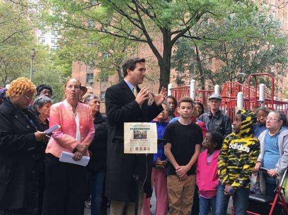 battle over playground at holmes towers From left, Holmes Towers resident Saundrea Coleman, Manhattan Borough President Gale Brewer and Council Member Ben Kallos spoke out Saturday against a plan to demolish a playground to build new housing. Photo: Madeleine Thompson