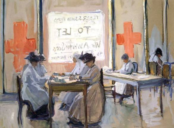 hellfire and homecomings Jane Peterson (1876–1965). "Red Cross Work Room 5th Avenue, NYC during the War," c. 1917. Watercolor on paper, 17 ½ × 23 ½ in. Collection of Jonathan L. Cohen