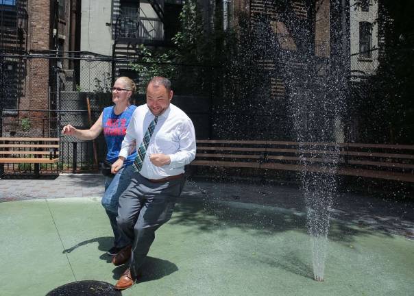 Slice of Heaven Returns to Hell’s Kitchen Scrapbook Councilman Corey Johnson following the rededication of Ramon Aponte Park in Hell's Kitchen Wednesday. Photo: William Alatriste/New York City Council