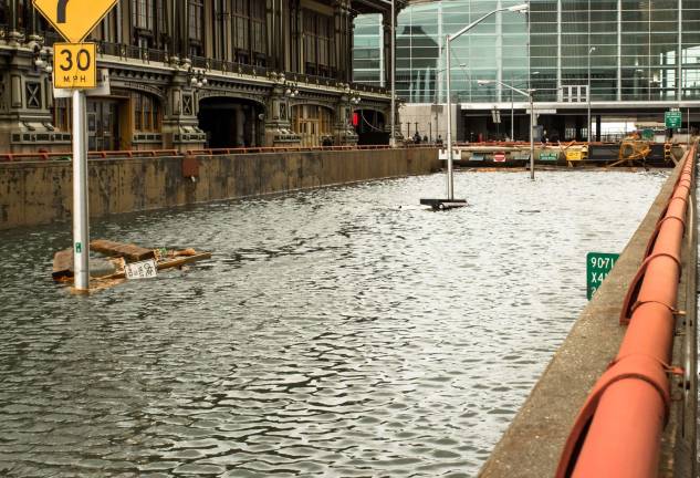 After Hurricane Sandy, flooding in the Financial District, Oct. 30, 2012. Photo: Patrick McFall, via flickr