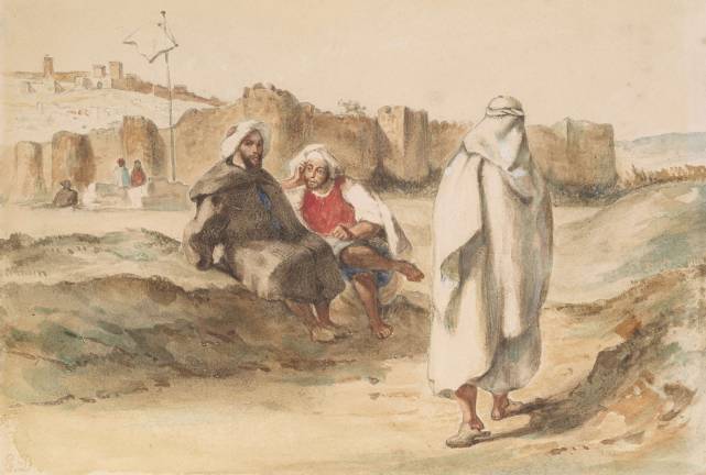Drawn to Collecting Euge`ne Delacroix (1798–1863), "Moroccans Outside the Walls of Tangier," watercolor and opaque white watercolor over graphite on wove paper, Thaw Collection, The Morgan Library & Museum. Photo: Steven H. Crossot