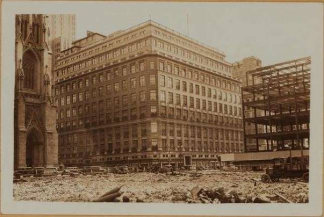 BATTLING FOR THE SOUL OF SAKS A 1932 photograph of Saks Fifth Avenue with St. Patrick's Cathedral across 50th Street at left, and the unfinished British Empire Building across Fifth Avenue in Rockefeller Center at right. The empty lot is the site of the Atlas statue. Photo: New York Public Library and OldNYC