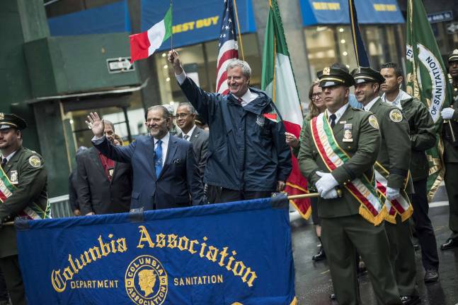 A mayoral debate as hockey fight The day before the debate, Mayor Bill de Blasio marched in the Columbus Day parade on Fifth Avenue. Photo: Ed Reed/Mayoral Photography Office