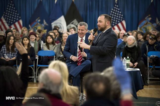 Homelessness, preservation dominate mayoral town hall Mayor Bill de Blasio with Council Member Corey Johnson at town hall in Chelsea on March 15. Photo: Ed Reed/Mayoral Photo Office