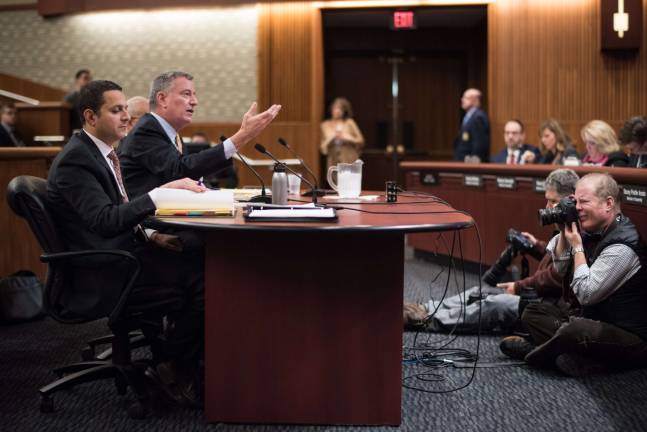 Budget for a Sanctuary City Mayor Bill de Blasio delivers testimony on the New York City budget before members of the New York State Assembly and Senate during a joint budget hearing at the Legislative Office Building in Albany on Jan. 30. Photo: Michael Appleton/Mayoral Photography Office