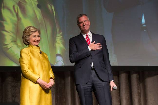 not so fast with the bubbly Hillary Clinton and Mayor Bill de Blasio at the New York Hilton Midtown on April 9, 2016. Photo: Michael Appleton/Mayoral Photography Office