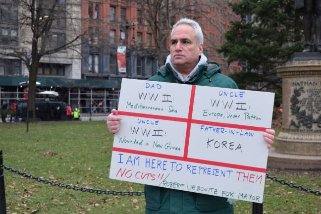 Fighting for Vets Brooklyn resident and lifelong New Yorker Robert Liebowitz was one of about 60 people attending a rally protesting a proposed budget cut to the Veterans Services agency in front of City Hall on Feb. 1. Photo: Razi Syed