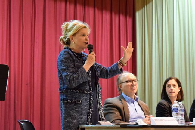 Maloney and Velazquez: A message of ‘resistance’ Rep. Carolyn Maloney speaks to constituents April 13 at the Anna Silver School on the Lower East Side. Photo: Michael Garofalo