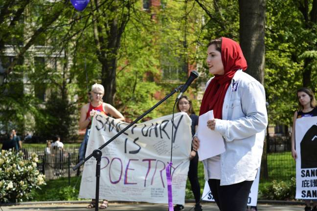 NYU Sanctuary’s May Day walkout New York University sophomore Nour Obeidallah, a member of the NYU Sanctuary working group, talked about action efforts. Photo: Diamond Naga Siu