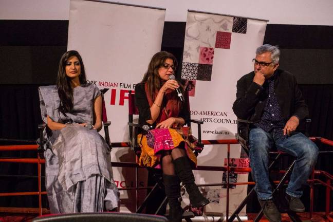 banned work opens new york indian Film Festival Actress Aahana Kumra (left) and director Alankrita Srivastava (center) at Q&A after screening of “Lipstick Under My Burkha,” with moderator Aseem Chhabra. Photo: Maria Boyadjieva