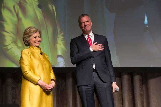 not so fast with the bubbly Hillary Clinton and Mayor Bill de Blasio at the New York Hilton Midtown on April 9, 2016. Photo: Michael Appleton/Mayoral Photography Office