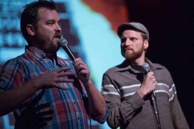 rewinding vhs tapes in a digital age Found Footage Festival hosts Joe Pickett and Nick Prueher got booked on three local morning news shows by claiming to be a strongman duo called Chop & Steele. Photo courtesy of Found Footage Festival