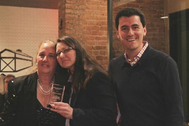 Small Biz Award named after brewer Scrapbook From left, Borough President Gale Brewer, Beth Scholten of Down & Quilt Shop, and Ken Bibera,j VP of the Ansonia Democrats. Photo by Rachel Finley