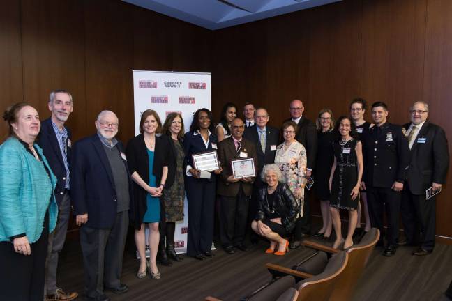 honoring east siders At the OTTYs (left to right): Manhattan Borough President Gale Brewer, David Getz, Nach Waxman, emcee Roma Torre, Alexis Gelber, Lula Mae Phillips, Susan Fales-Hill, Mohammad Hagiabucar, Commander Frank Tarello, Barry Schneider, Jeanne Straus, Judy Schneider, Dan Pollay, The Rev. Beverly Dempsey, Jody Scopa Goldman, Zil Goldstein, Officer Anthony Nuccio, John Winkleman. Photo: George Cade Photography