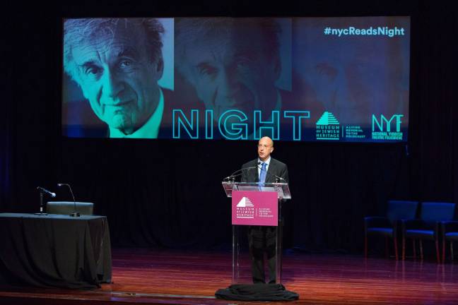 A 'night' marathon Elisha Wiesel at the conclusion of a five-hour reading of his father's seminal "Night" at the Museum for Jewish Heritage Jan. 29. Photo: John Halpern