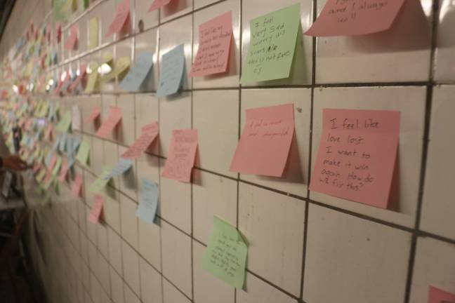 Thousands protest Trump’s triumph At the Union Square station, Post-its affixed to a wall reflected post-election frustration. Photo: Micah Danney