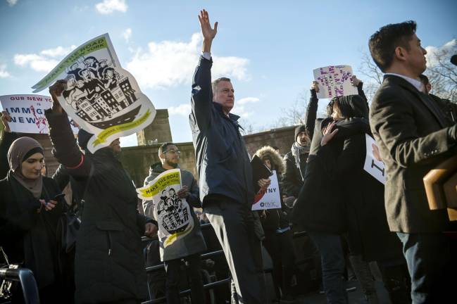 Budget for a Sanctuary City Mayor Bill de Blasio at a Battery Park rally on Jan. 29 held to oppose President Trump’s executive order barring residents from seven predominantly Muslim countries from entering the U.S. Photo: Ed Reed/Mayoral Photography Office