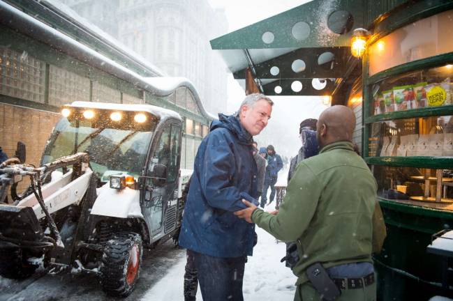 not so fast with the bubbly Mayor Bill de Blasio visits the Upper West Side during the snowstorm on March 14. Photo: Edwin J. Torres/Mayoral Photo Office.