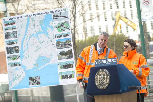 Spring brings new Vision Zero construction With traffic fatalities declining, Mayor de Blasio embarks on new safety projects At a press conference in Brooklyn last week, Mayor Bill de Blasio announced Vision Zero projects throughout the five boroughs. Photo: Ed Reed/Mayoral Photography Office