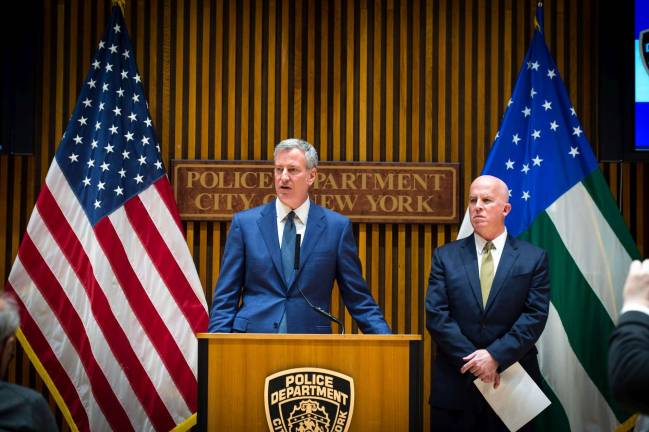 Council Seeks to Boost Protections for Undocumented Immigrants Mayor Bill de Blasio (left) and NYPD Commissioner James O’Neill respond to a Justice Department statement calling New York City “soft on crime” at an April 21 press conference at One Police Plaza. Photo: Edwin J. Torres/ Mayoral Photo Office