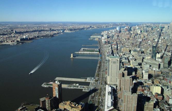 state, feds bicker about hudson's health The Hudson River as seen from the One World Observatory. State authorities want the federal Environmental Protection Agency to sample and test for toxins in the portion of the waterway that courses through the city. Photo via Wikimedia Commons.